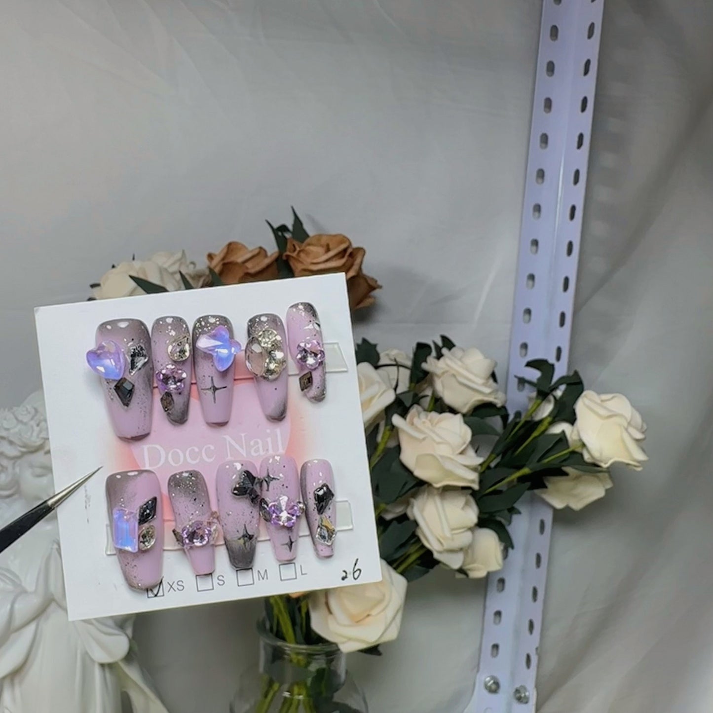 H60 SYRINGA OBLATA HEART STAR DIAMOND HANDMADE NAIL