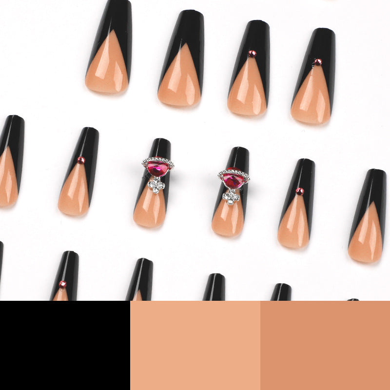 L35 BLACK BORDER ROSE RED RHINESTONE LONG NAIL