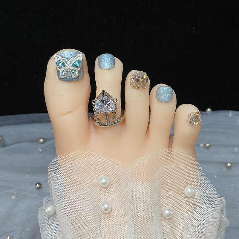 HT1 GLITTER BLUE CRYSTAL BUTTERFLY HANDMADE TOE NAILS