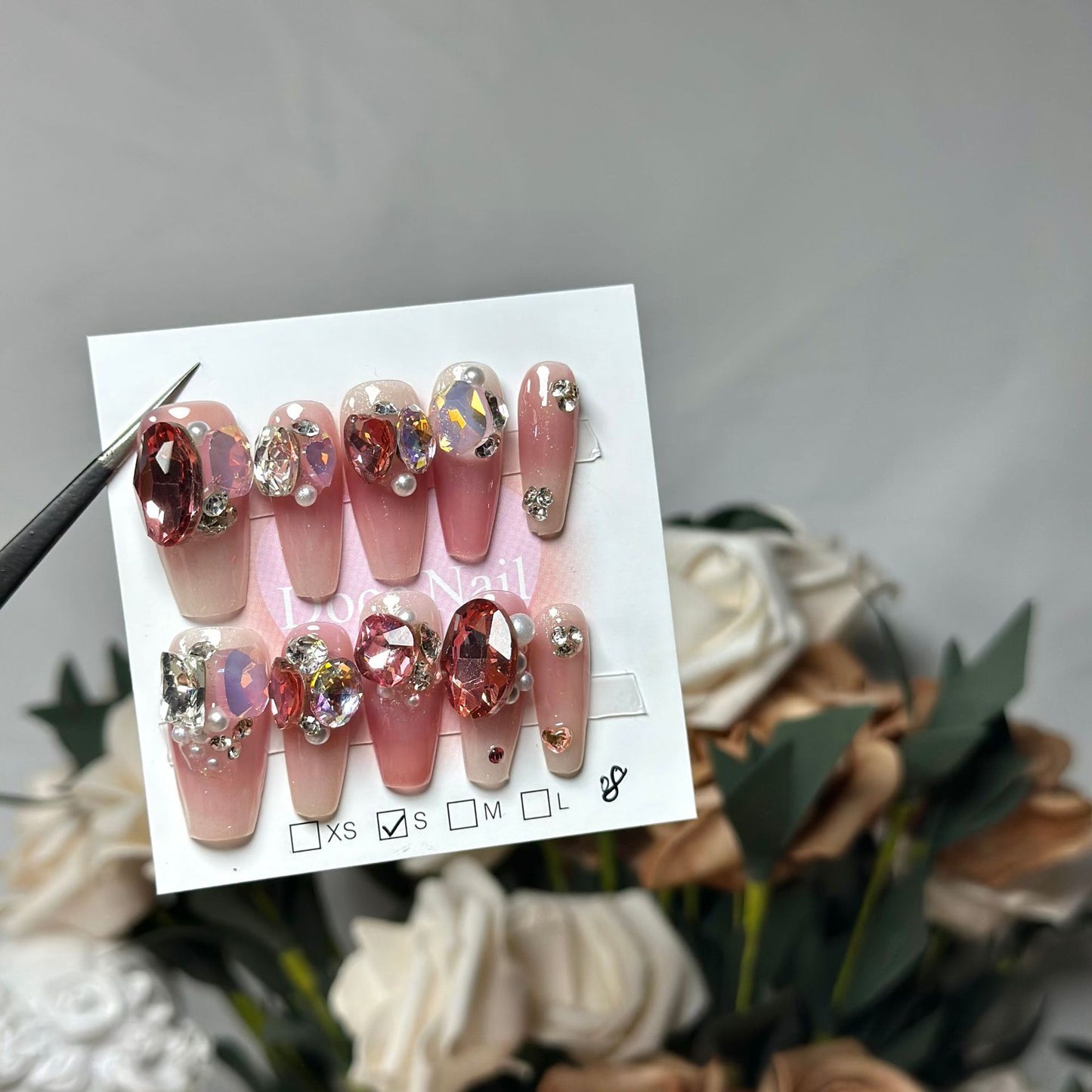 H41 NUDE RUBY CRYSTAL PEARL HANDMADE NAIL