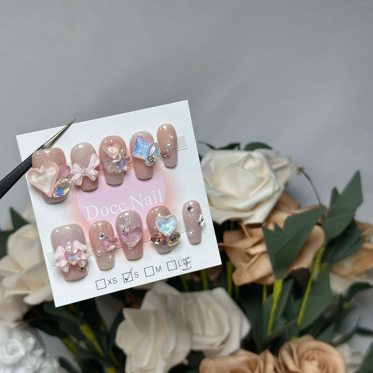 H61 BABY PINK JEWEL HEART BOW HANDMADE NAIL