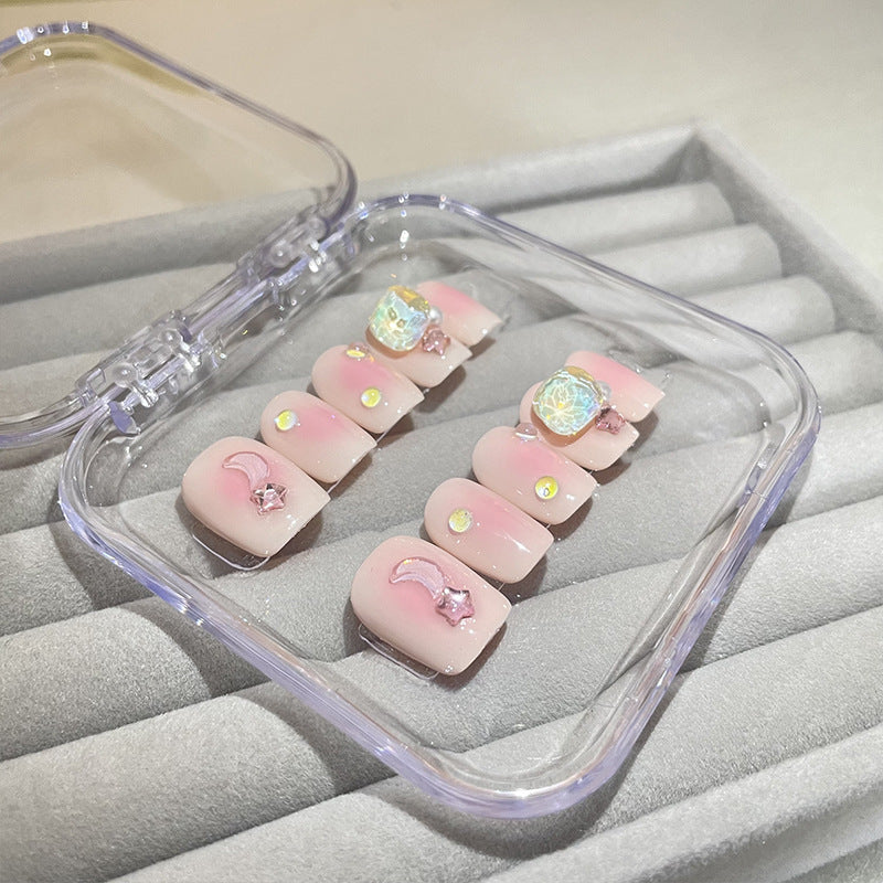 H73 NUDE PINK STAR MOON JADE HANDMADE NAIL