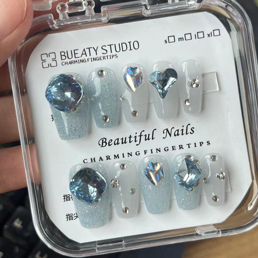 H134 LIGHT BLUE ICE CRYSTALL HANDMADE NAIL