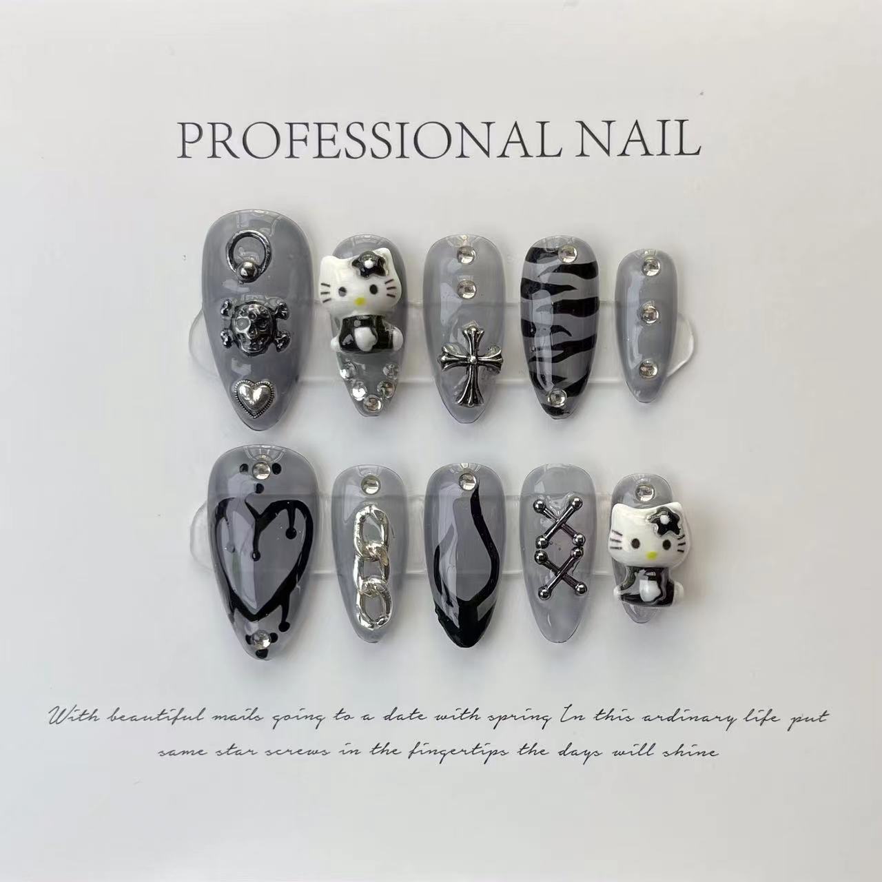 HK14 Grey Toned Cartoon Cat HANDMADE NAIL