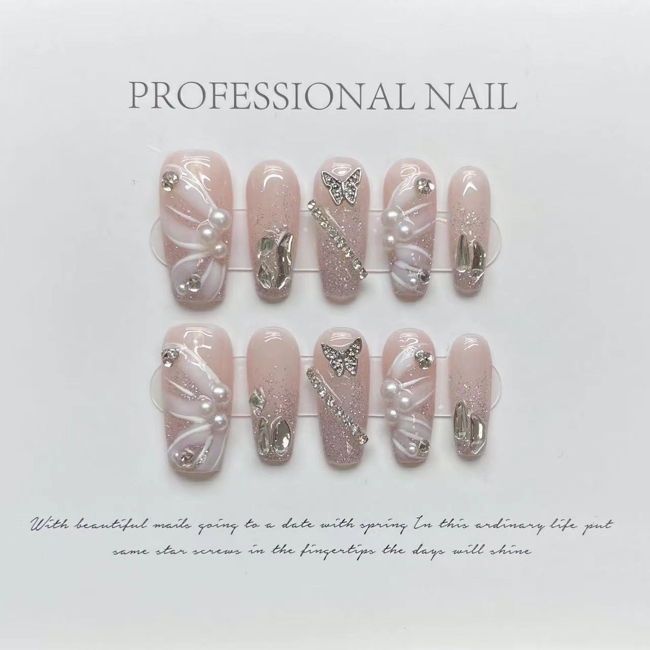 H271 Baby Pink Bright Silver Butterfly HANDMADE NAIL