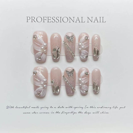 H271 Baby Pink Bright Silver Butterfly HANDMADE NAIL