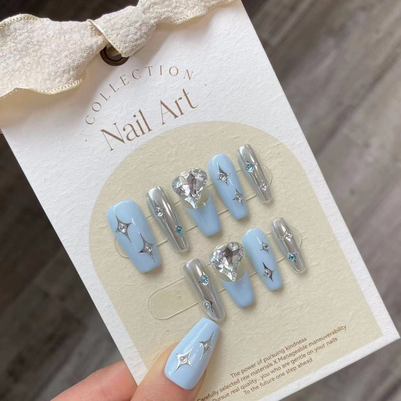 H274 Sky Blue Silver Gem HANDMADE NAIL