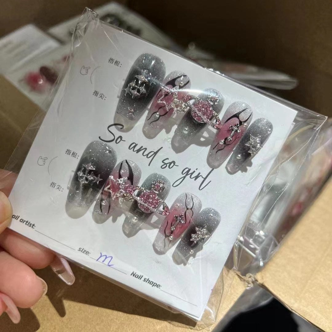 H275 Starry Night Black Pink Diamond HANDMADE NAIL