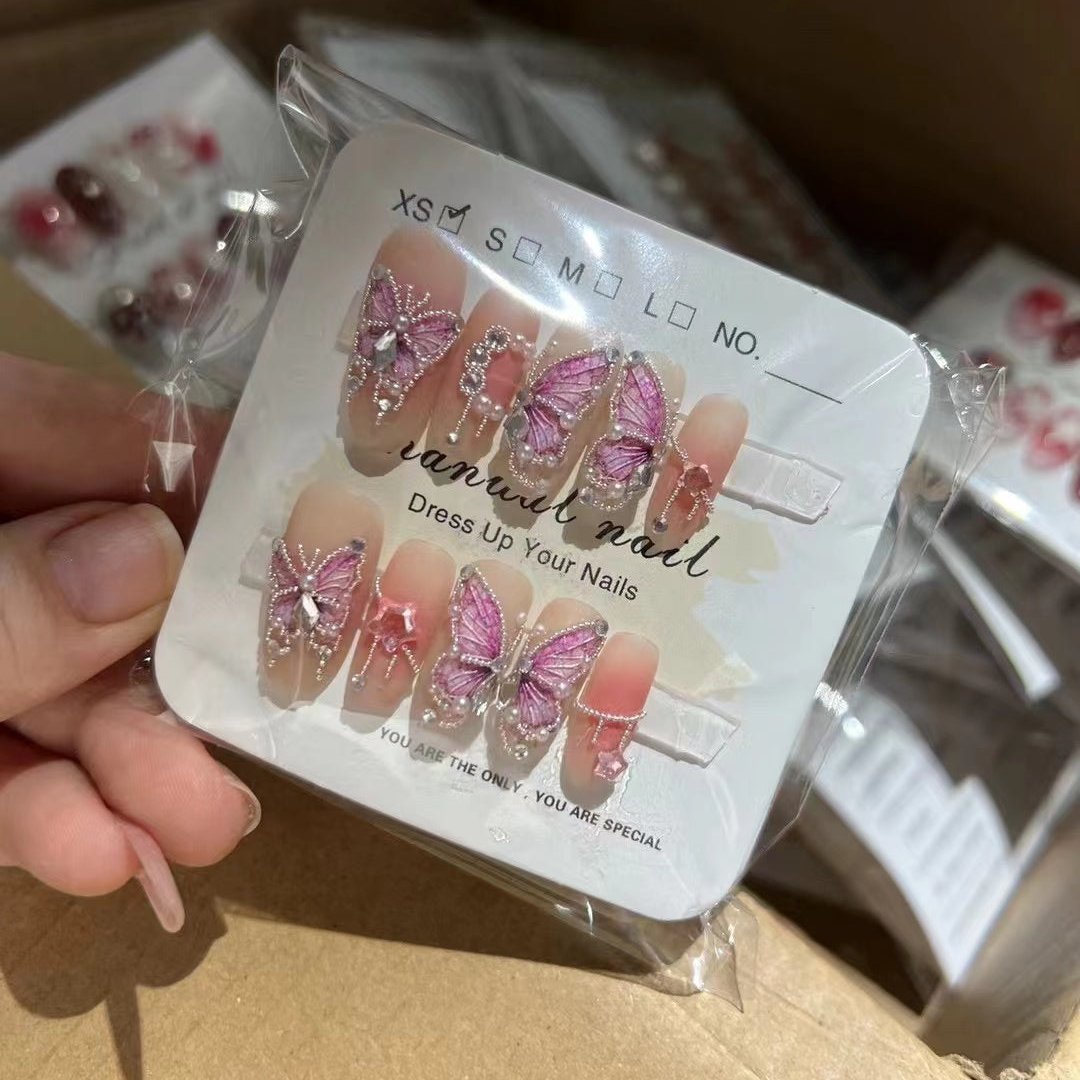 H277 Baby pink white pearl pink butterfly HANDMADE NAIL