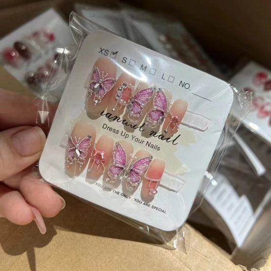 H277 Baby pink white pearl pink butterfly HANDMADE NAIL