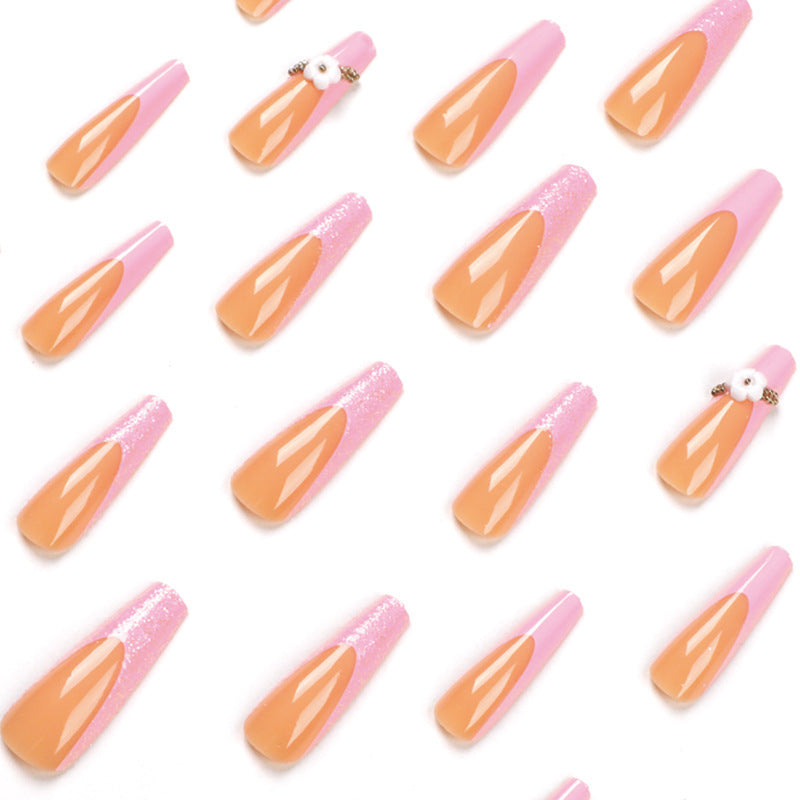 L38 SHINY PINK ORANGE FLOWER LONG NAIL