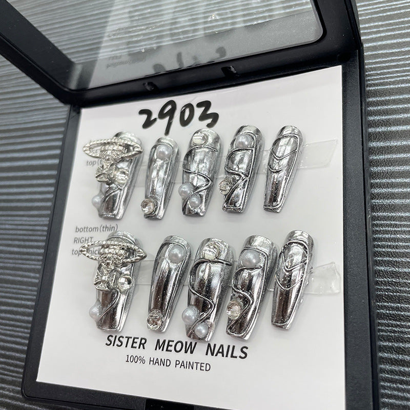 H40 PEARL HEAVY METAL SILVER HANDMADE NAIL