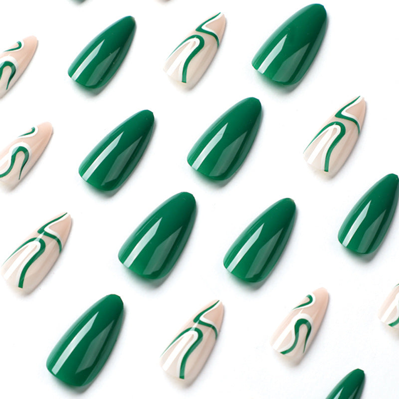 S25 GREEN & WHITE CONTRASTING WAVES SHORT NAIL