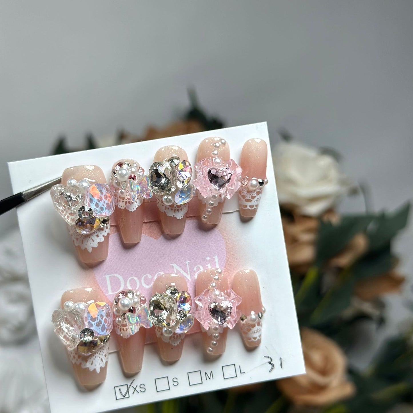 H52 GLITTER  NUDE PINK BOW HANDMADE NAIL