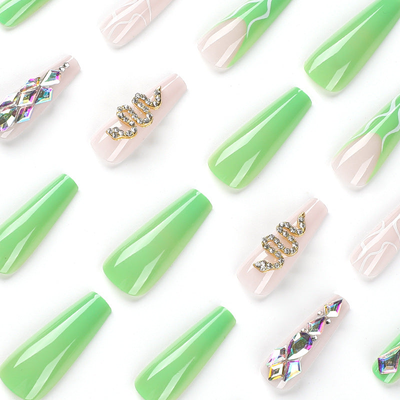 L27 GREEN PINK SERPENTINE CRYSTAL LONG NAIL