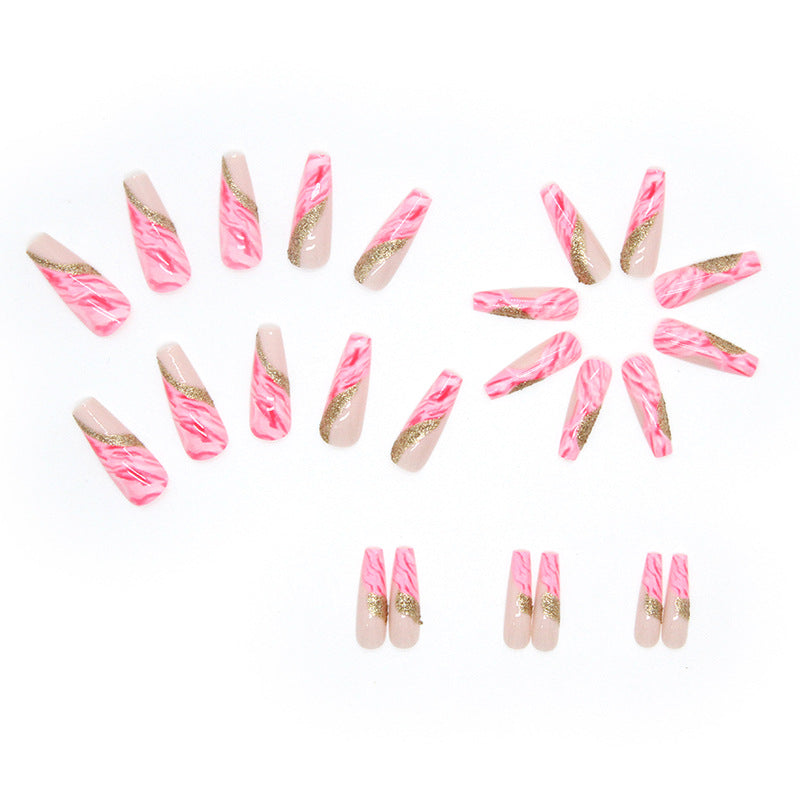 L33 SPLICING GLITTER GOLD & PINK LONG NAIL