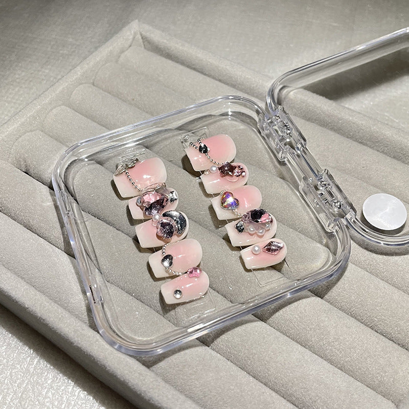 H43 NUDE PINK STAR GEM HEART HANDMADE NAIL