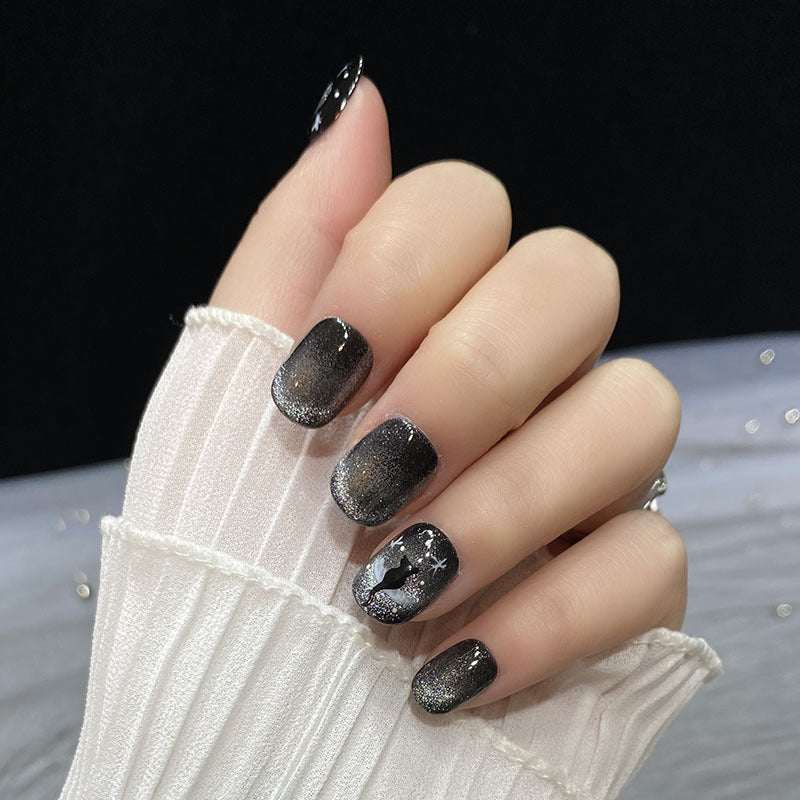HK22 STARRY SKY BLACK CAT EYE HANDMADE NAIL