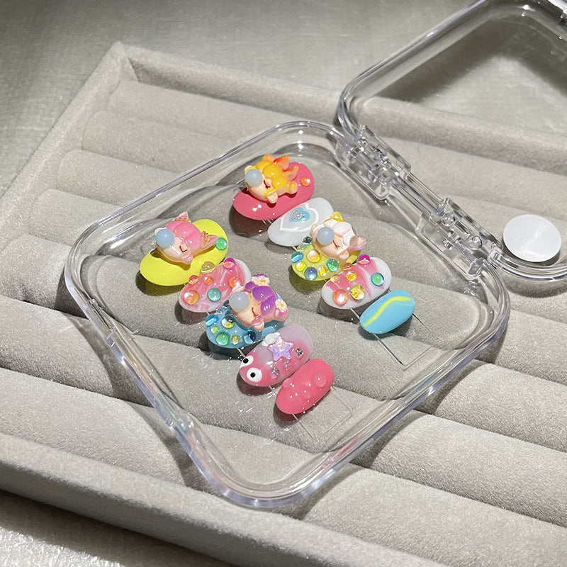 H77 CUTE BUBBLE BLOWING GIRL HANDMADE NAIL