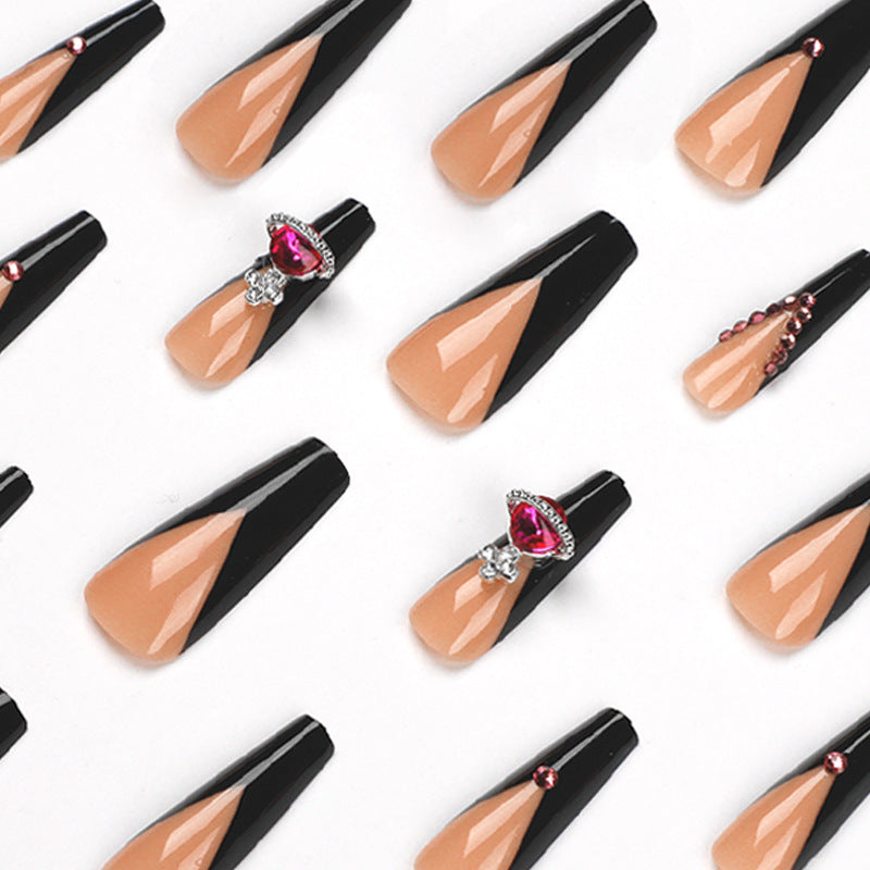 L35 BLACK BORDER ROSE RED RHINESTONE LONG NAIL