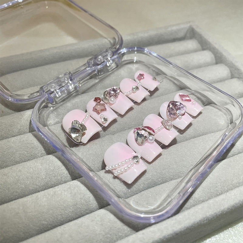 H46 BABY PINK CRYSTAL HEART PEARL HANDMADE NAIL