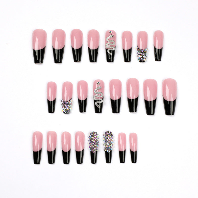 L37 NUDE PINK BLACK SILVER SNAKE DIAMOND LONG NAIL