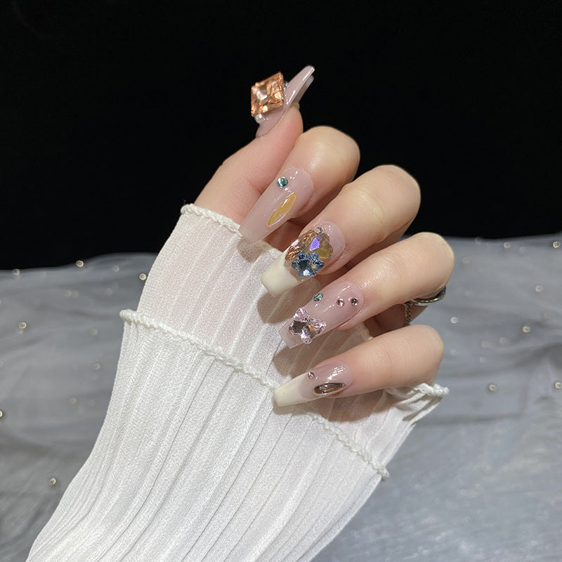 H28 NUDE PINK GOLD DIAMOND HANDMADE NAIL