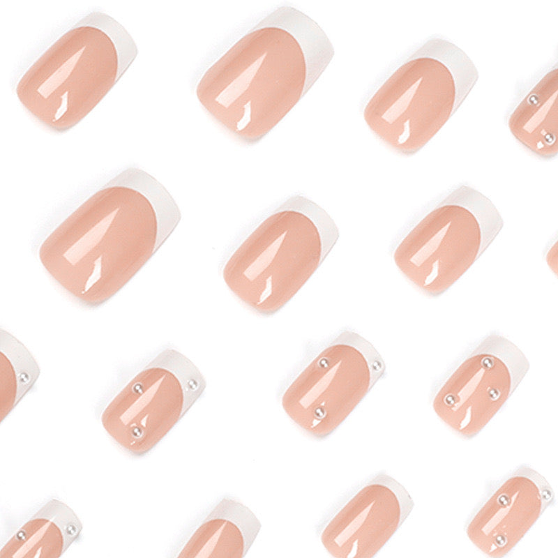 S48 Light pink white border with small pearl SHORT NAIL