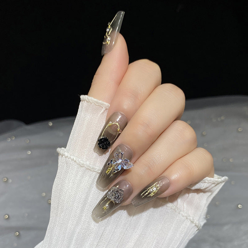 H26 FLOWER GRADUAL DARK BUTTERFLY HANDMADE NAIL