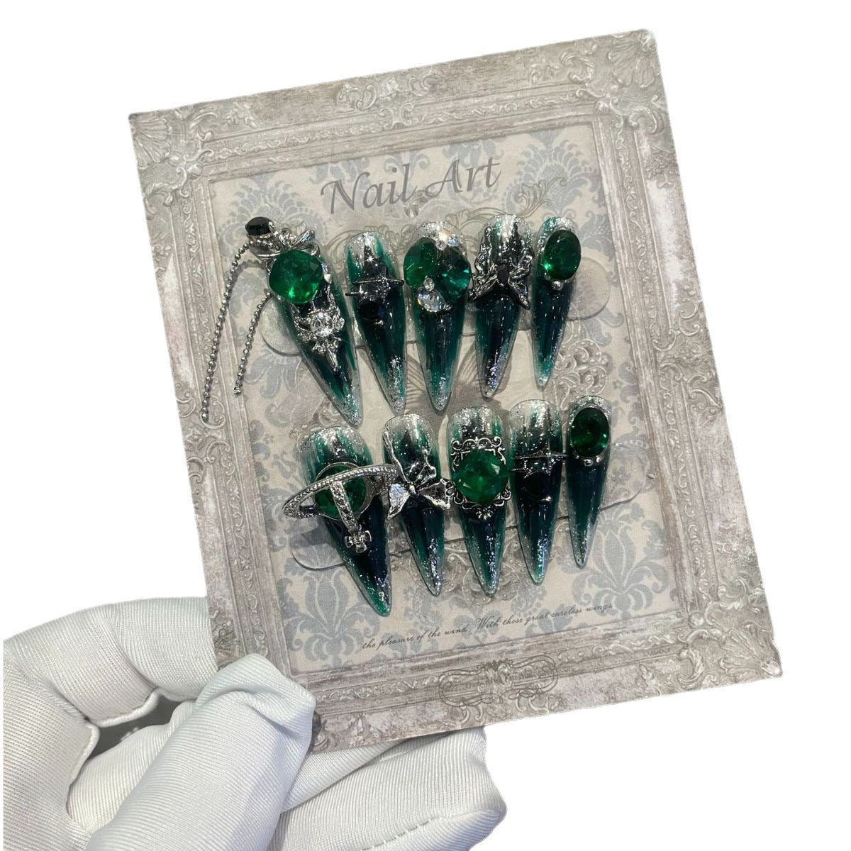 H216 EMERALD JADE METAL RIBBON HANDMADE NAIL