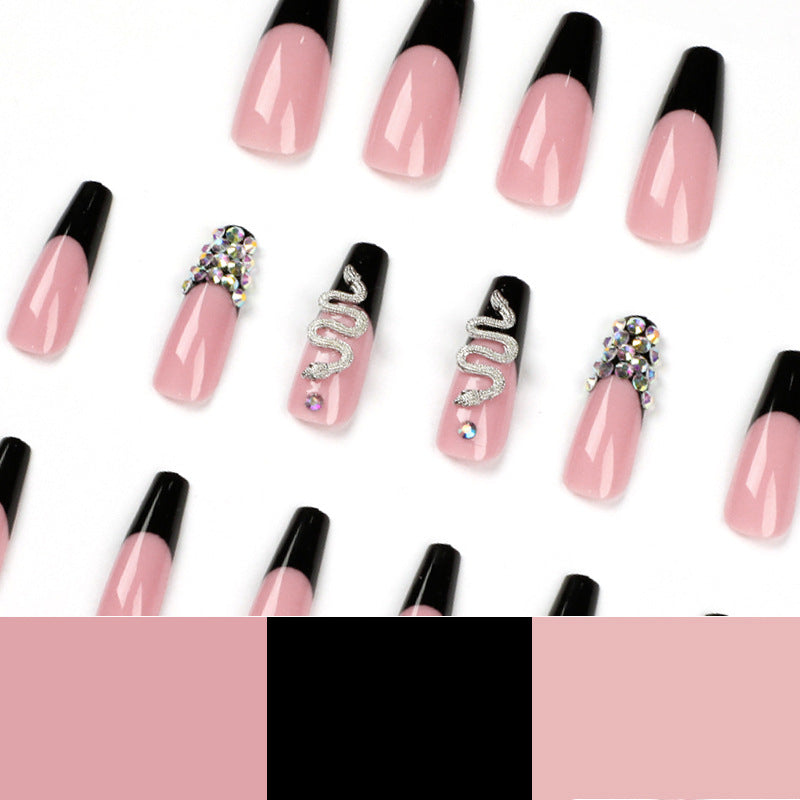 L37 NUDE PINK BLACK SILVER SNAKE DIAMOND LONG NAIL