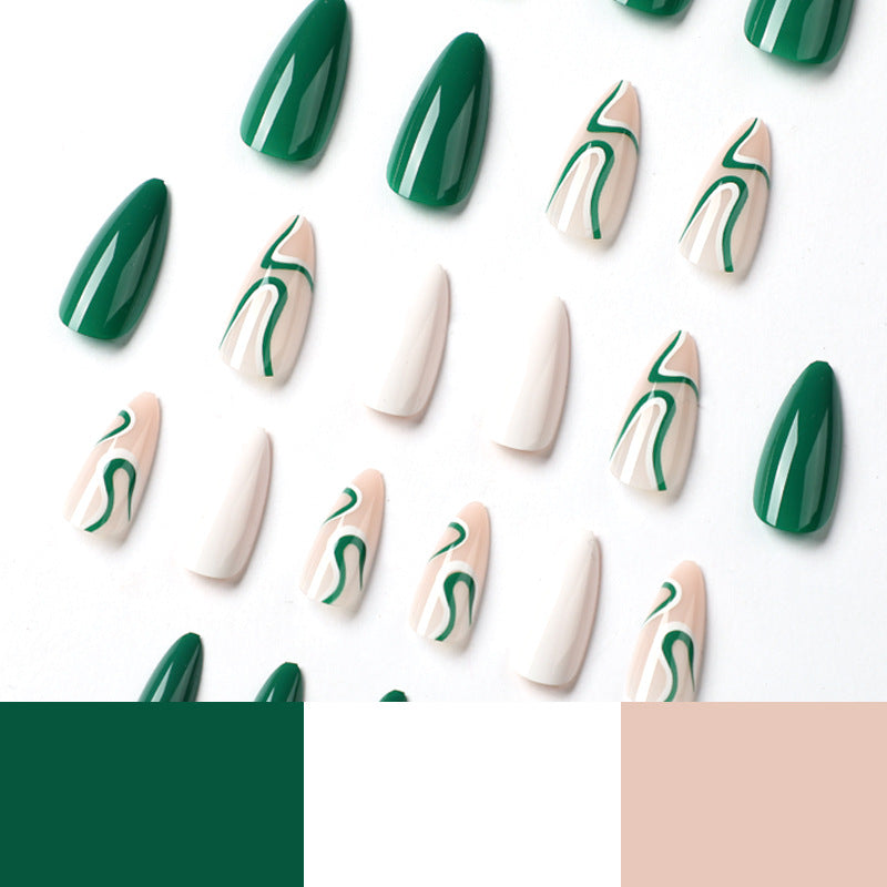S25 GREEN & WHITE CONTRASTING WAVES SHORT NAIL