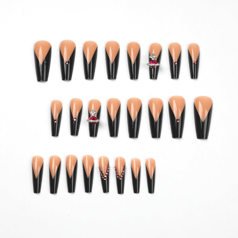 L35 BLACK BORDER ROSE RED RHINESTONE LONG NAIL