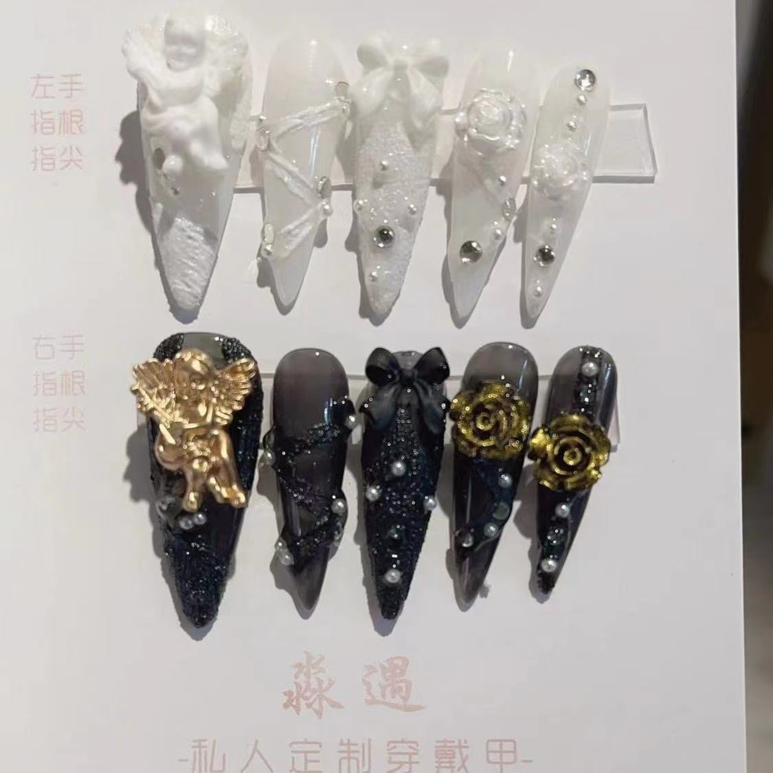 H126 BAROQUE GYPSUM ANGEL BLACK &  WHITE HANDMADE NAIL