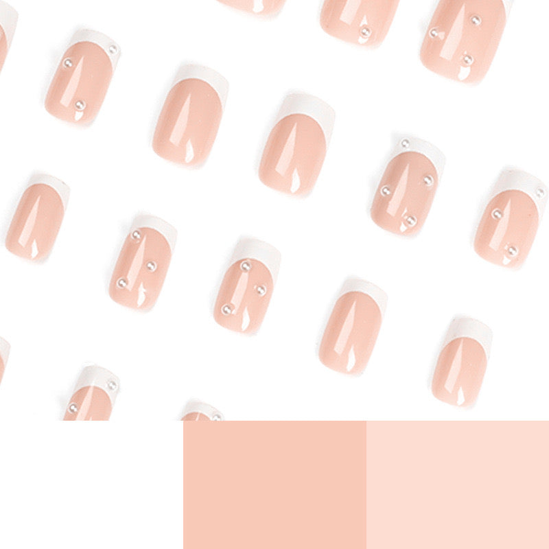 S48 Light pink white border with small pearl SHORT NAIL