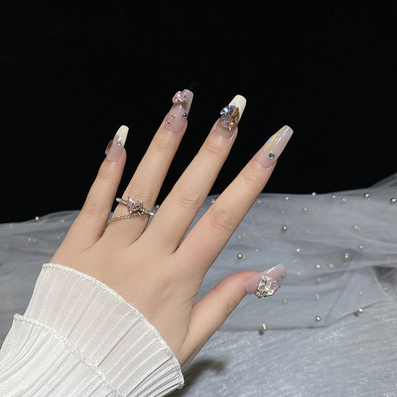 H28 NUDE PINK GOLD DIAMOND HANDMADE NAIL