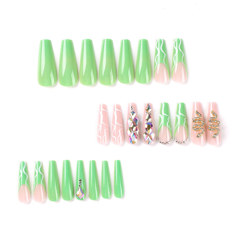 L27 GREEN PINK SERPENTINE CRYSTAL LONG NAIL