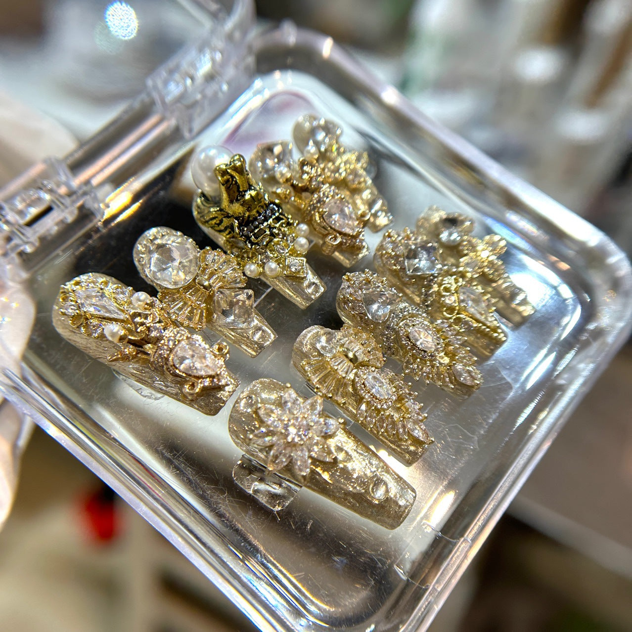 H217 LUXURY DIAMOND INLAID GOLD ZIRCON HANDMADE NAIL