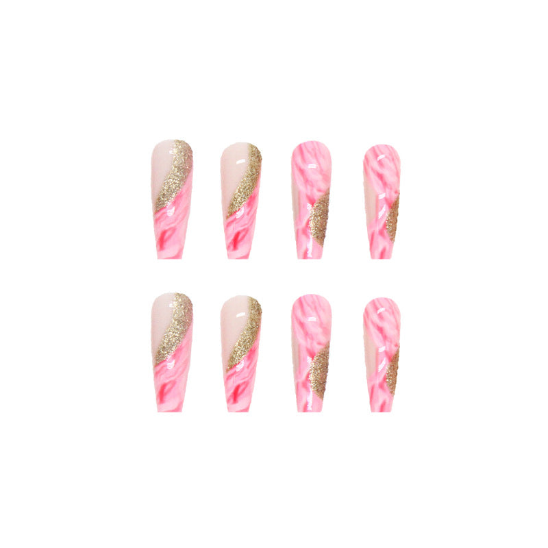 L33 SPLICING GLITTER GOLD & PINK LONG NAIL
