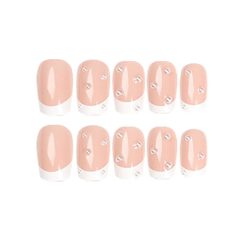 S48 Light pink white border with small pearl SHORT NAIL