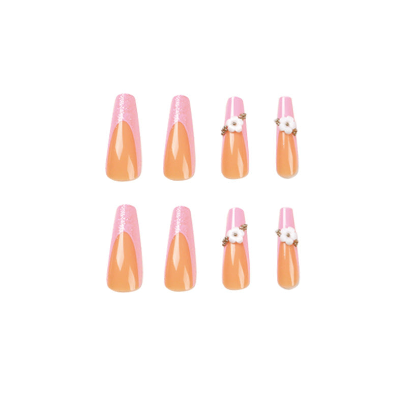 L38 SHINY PINK ORANGE FLOWER LONG NAIL