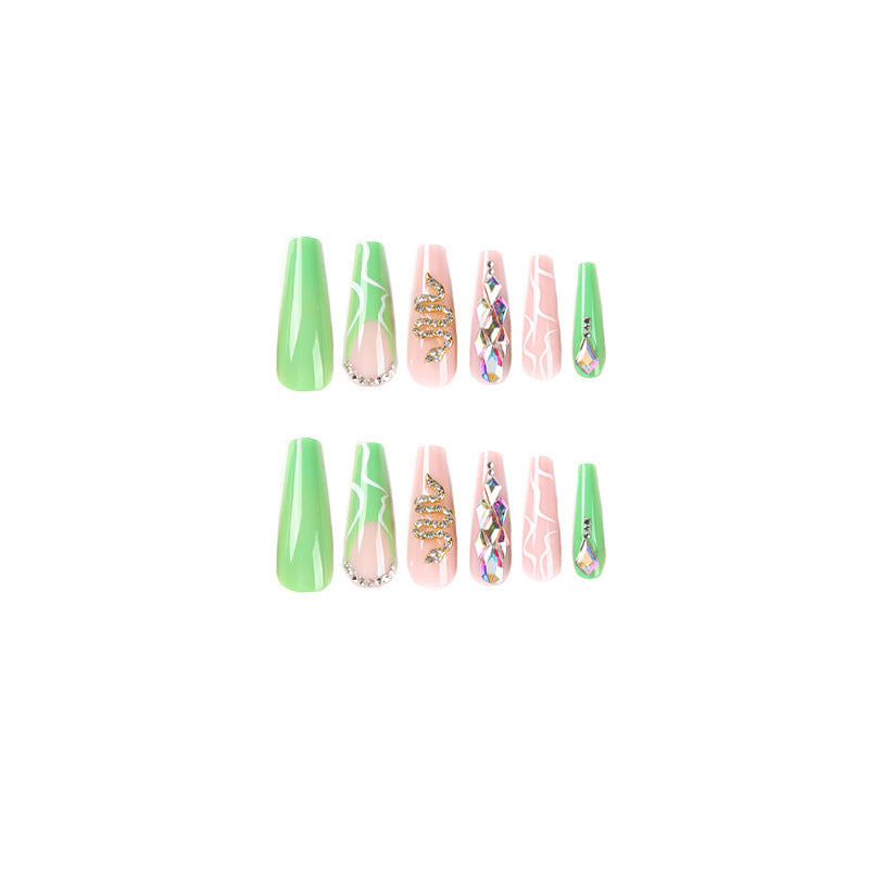 L27 GREEN PINK SERPENTINE CRYSTAL LONG NAIL