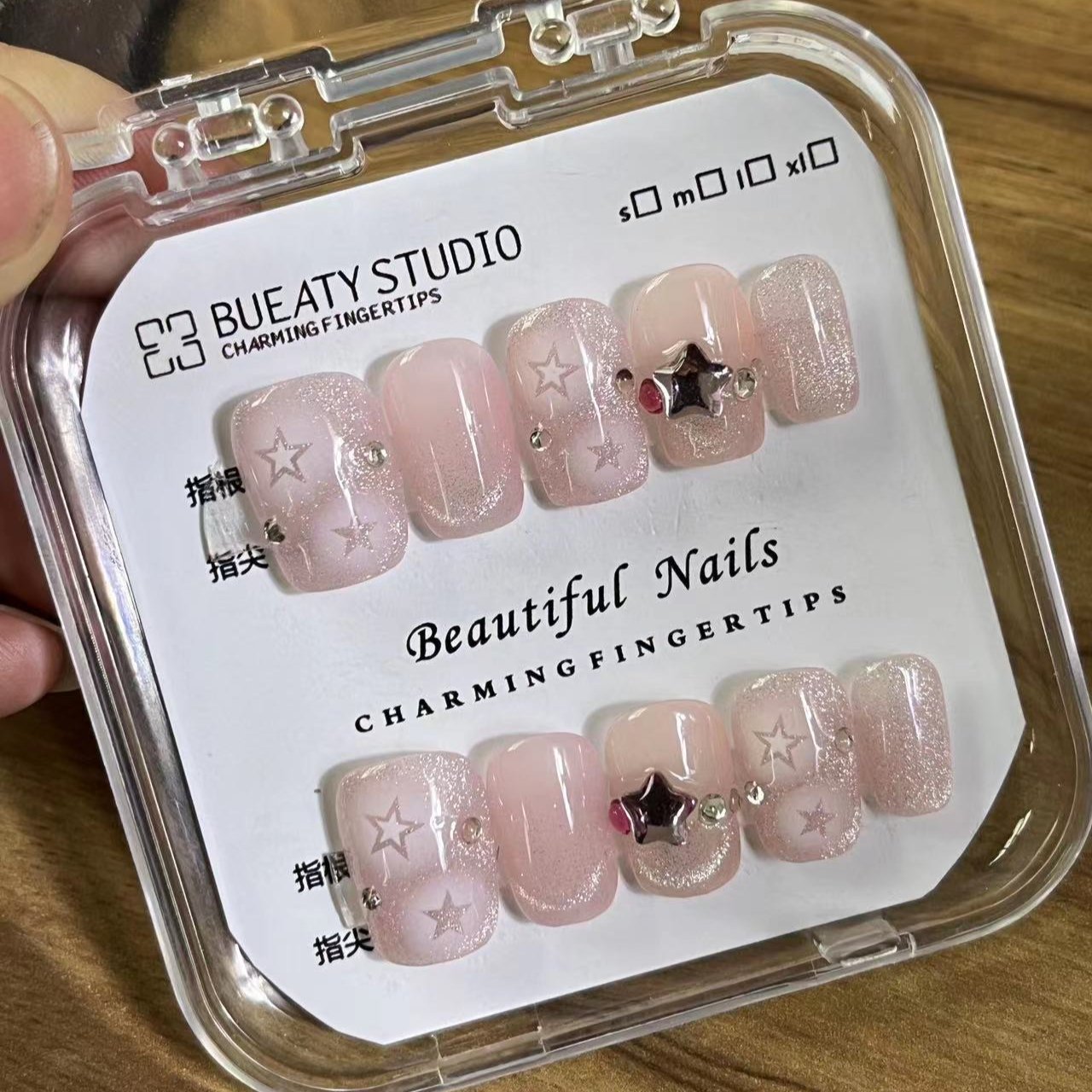 H163 NUDE PINK STARS HANDMADE NAIL