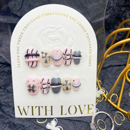 H16 NUDE PINK HAND PAINTING CROSS HANDMADE NAIL