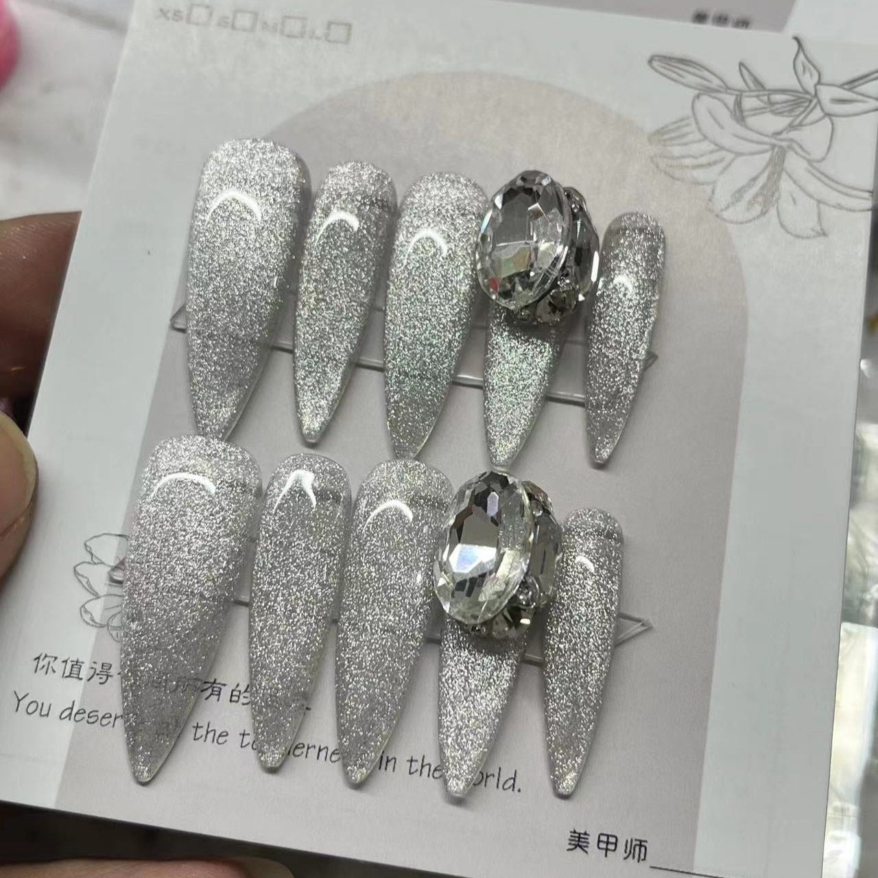 H185 CRYSTAL BRIGHT SILVER HANDMADE NAIL