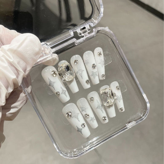 H213 MILK WHITE SILVER STARS DIAMOND HANDMADE NAIL