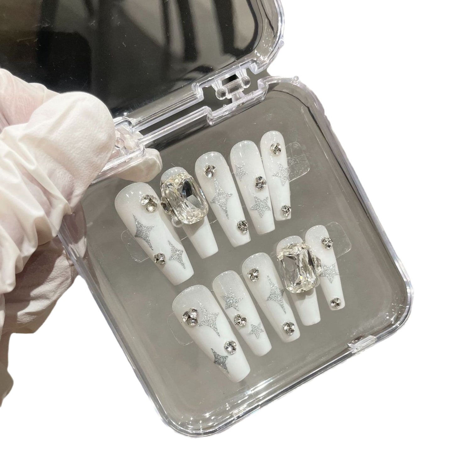 H213 MILK WHITE SILVER STARS DIAMOND HANDMADE NAIL