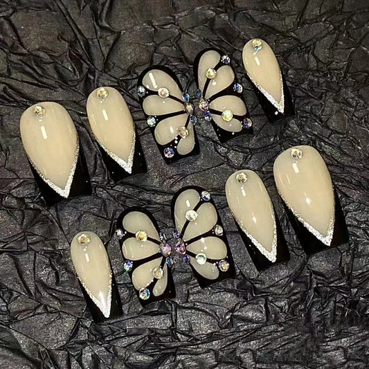 H229 WHITE ZIRCON BUTTERFLY HANDMADE NAIL