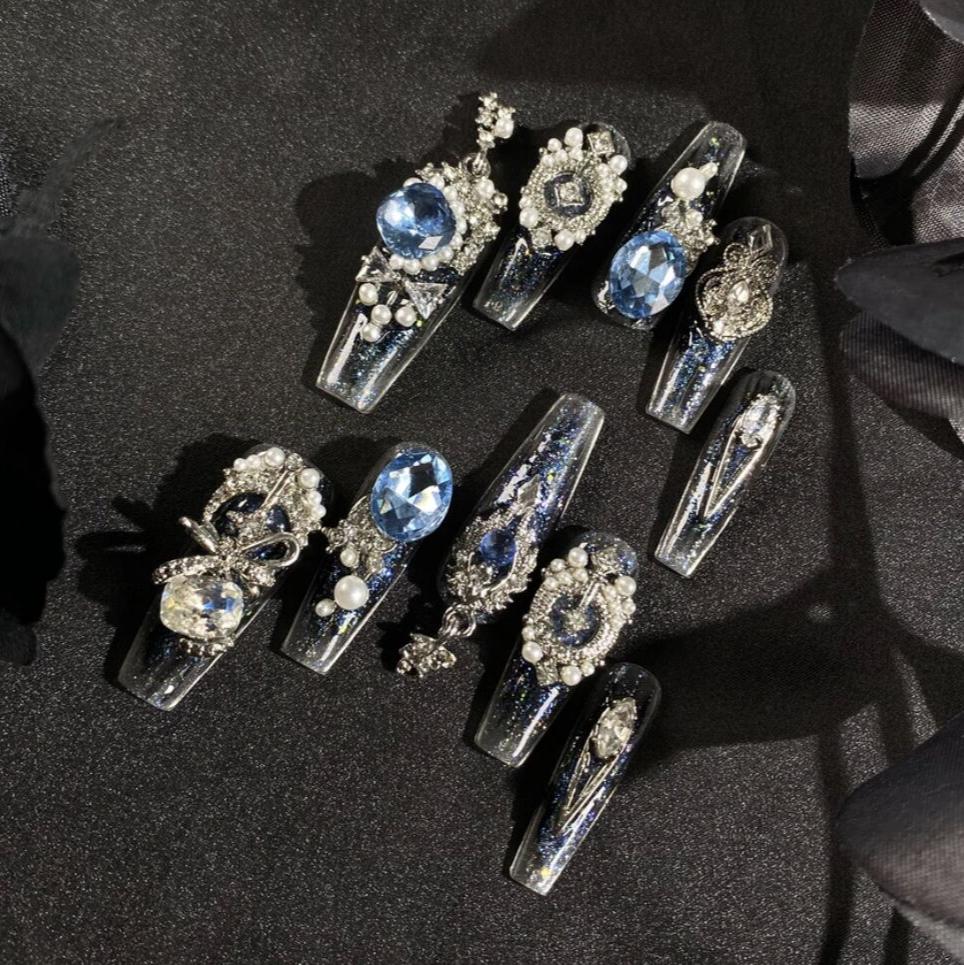 HD10 Black Blue Ocean Sapphire HANDMADE NAIL