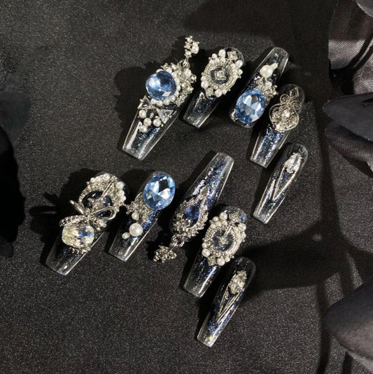 HD10 Black Blue Ocean Sapphire HANDMADE NAIL